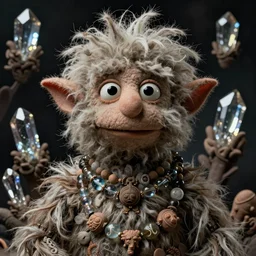 hyper realistic portrait of postapocalyptic hairy fluffy muppet show elf goblin glass beads clay amulets cinematic symmetric dark _ crystal, brian froud, alan lee, jean baptiste monge, scott radke