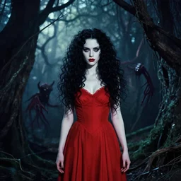 in the style of artgerm, full body, pretty alyson hannigan, evil dead demon, evil dead movie, red dress, zhelong xu, symmetrical eyes, symmetrical face, long curly black hair, trees, forest, branches, cinematic lighting, evil dead creature, scary