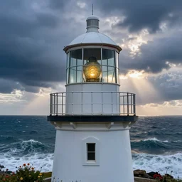 close up of portrait lighthouse keeper, inside top of lighthouse, stormy seas, sunset, storm clouds, blue silver color palette, god rays, flowers around lighthouse, max rive, 4 k, greg rutkowski, instagram, landscape, hdr