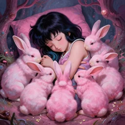 Keeping you sane, And you fade away just enough, You felt the edge again, You took two pills And you fell asleep, Hugging six rabbits And having pink nightmares, concept art, trade on artstation, sharp focus, psychedelic, by Yoshitaka Amano, Mark Ryden, Zdzisław Beksiński, Extremely high detail, realistic, fantasy art, masterpiece, Hyperrealism. Subsurface scattering. Octane Render. Weirdcore