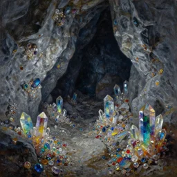 A huge cave full of rainbow color crystals and gems on the ground, and stuck to the walls made of huge grey boulders, very dark, midnight, oil painting by Afremov and Greg Rutkowski.