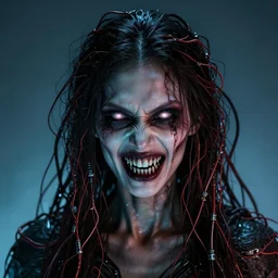 a terrifying woman, wires for hair, glowing eyes, razor sharp teeth, horror, studio lighting, 8 5 mm f / 1. 8, cyberpunk, art by, masterpiece, trending, highly detailed, realistic
