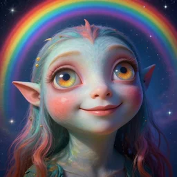 hyperrealistic close-up Renaissance psychedelic!! celestial happy! pure kind! creature!!! peaceful! kind spirit of nature! beautiful eyes! highly detailed concept art eric zener elson peter cinematic hard rainbow lighting high angle hd 8k sharp shallow depth of field, inspired by Zdzisław Beksiński Salvador Dali