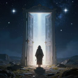 a shaman entering the world of dreams through a giant door full of light and surrounded by stars, fantastic, surrealism, art by christophe vacher