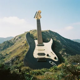 landscape, a bird view of an electric guitar shaped mountain, 3 5 mm film, photorealistic, cinematic 1 2 3 4