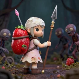 an ominous femo figurine of a cute funny spear wielding strawberry fairy survivalist with bandages wearing a dirty floral torn dress featured on left 4 dead by studio ghibly and gamesworkshop, carrying survival gear in a large strawberry backpack, using a modelling knife as a spear, dark and moody atmosphere, hiding from fairy zombies, 🎀 🗡 🍓 🧚