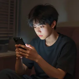 beautiful!!!!!! digital painting of a short asian teenager with short hair playing on his phone in a dark dimly - lit room, global illumination!!!!!!! stunning digital painting, top digital painting, expressive character design, 4 k quality, highly detailed, smooth, sharp focus, clear trending on artstation,