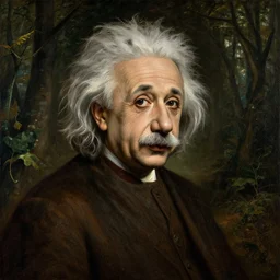 A renaissance painting of Albert Einstein alone in the forest