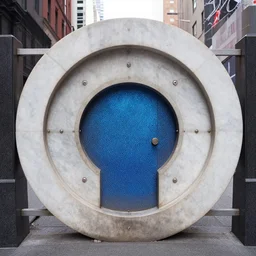 circular marble gate perpendicular and fuzed to the ground containing a blue shimmering portal in the middle of a decrepit times square, 8 5 mm, f / 1 6
