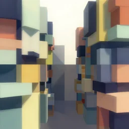 abstract geometric art made of boxes of varied sizes and colours, arranged like modern architecture, two point perspective, 5 0 mm focal lens, analogous complementary colour scheme, hyperrealism, octane render
