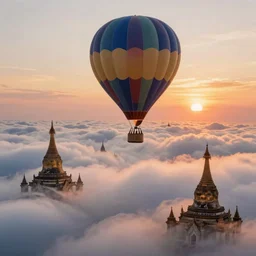 a stunning ultra detailed fantasy fine art illustration of a hot air balloon above a cloud layer, burmese pagodas sticking out from the clouds, by gediminas pranckevicius and tomasz alen kopera, foggy, sunset, artstation, 8 k, deep depth of field, golden hour hues, vibrant colors, hyper realistic