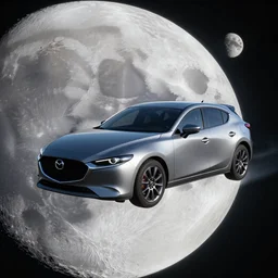 A Mazda 3 hatchback as an alien spaceship flying over the Moon, 4K, High Detail,