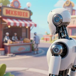 close - up of cyborgs exploring small town amusement, neo vendors, cyberpunk big top circus tent, highly detailed, golden rays of sunlight, dystopian, gold neon lights, digital painting, concept art, matte, art by ruan jia and wlop and greg rutkowski and makoto shinkai, masterpiece