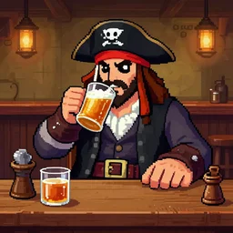 important pirates drinking grog in a tavern table 16 bit