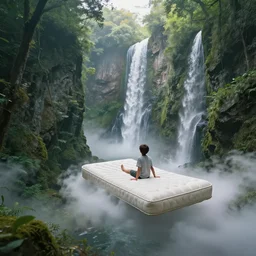 a boy on a flying mattress in the clouds looking at natural forested canyons and waterfalls below, mist, mystical, magic, concept art, digital art