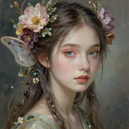 a beautiful floral fae, sweet graceful beauty, esoteric, muted colors, head in focus, fae aesthetics, intricate details, elegant, highly detailed, hyperrealistic painting, concept art, painterly, sharp focus, illustration, art by scot howden