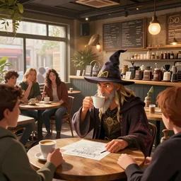 a wizard sips his coffee and draws stares from onlookers at a busy coffee shop, wide angle, digital art by beeple and RHADS, award winning, artstation, unreal render,