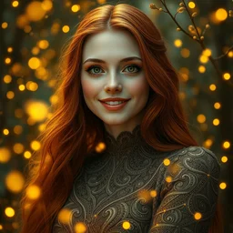 lovely woman, serene smile surrounded by golden firefly lights, amidst nature fully covered by a intricate detailed dress, long red hair, precise linework, accurate green eyes, small nose with freckles, smooth oval shape face, empathic, expressive emotions, dramatic lights spiritual scene, hyper realistic ultrafine art by artemisia gentileschi, jessica rossier, boris vallejo