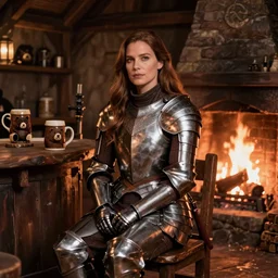 kate beckinsale weared in full plate armor, sit in fantasy tavern near fireplace, behind bar deck with bear mugs, medieval dnd, by Craig Mullins