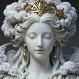 detailed realistic face portrait octane render, artwork by james jean, chiara bautista, smooth polished matte porcelain, queen of futility, jean delville, art nouveau, james jean spiraling clouds, ornate metal gothic icon heavy patina, joy, delicate, enchanting, otherworldly, whimsical, ethereal, mythology, magical, mystical dreamscape