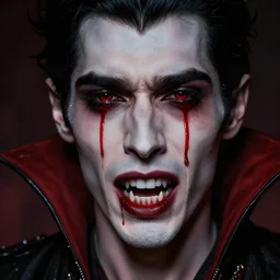 A masterpiece head and shoulders portrait of a Vampire with fangs crying tears of red blood