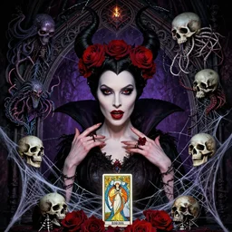 closeup portrait succubus gothic disney varga elvira barb wire megan fox maleficent roses medusa, wicca, ornate arch, druid magical seance, cthulhu, kraken, skulls, spider webs, glamour pose, moebius, gta v, dan mumford, mucha, nagel, tarot card, d & d, new art nouveau, greg rutkowski,