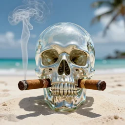 a portrait of a glass skull smoking a perfectly symmetrical cuban cigar, varadero beach, cinematic photography, smoke rising like clouds, beautifully symmetrical, super resolution, cgi, volumetric lighting & shadows, hyper detailed, 8 k, unreal engine,