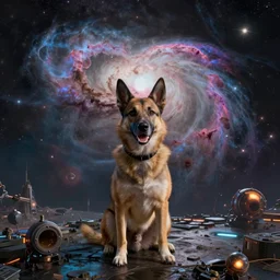 dog nebula above cyberpunk planet