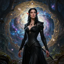 sarah bolger as dnd elf with black hair black dress as pathfinder in a nebula forest by greg rutkowski, high key lighting, volumetric light, digital art, highly detailed, fine detail, intricate, ornate, complex, octane render, unreal engine, photorealistic digital painting, artstation, concept art, sharp focus, art by greg rutkowski and alphonse mucha