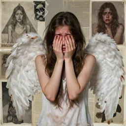 a young adult angelgirl soft crying with lots of hands on her face and ratty feathered angel wings, stressed and burnt out, collage by kurt schwitters and eileen agar