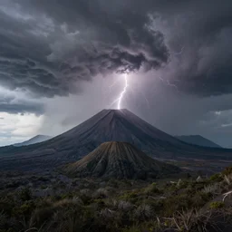 a dramatic landscape photo by ryan dyar of a volcano and thunderstorm, highly detailed, 8 k