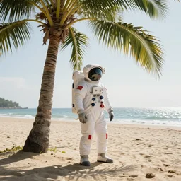 a beautiful photo of an astronaut on the beach under a palm tree, summer sun, 1 9 7 0, soft light, morning light, photorealistic, realistic, octane, 8 k, cinematic shot