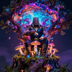 thanos eating psilocybin mushrooms on the top of a tree glowing in florescent colors