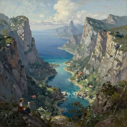 Realm between the mountains and the sea, fantasy, oil painting, extra detailed