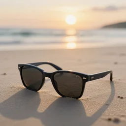 a pair of sunglasses swimming on the beach, sunset