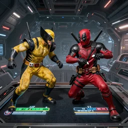 Wolverine and Deadpool playing a videogame on board of a spaceship