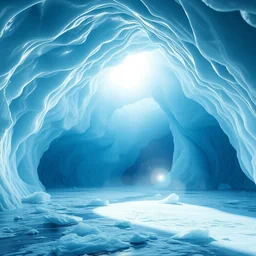 a beautiful digital artwork of an ice cave in a smooth glacier, a portal to outer space, high quality, stunning, volumetric shadows, haze, master level composition