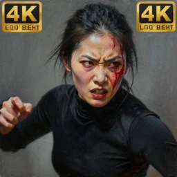 an extremely detailed painting by cedric peyravernay of an fierce asian female wearing a black turtle neck, whose face is scared and bleeding from a fight, who looks menacing and proud, extremely detailed, 4 k