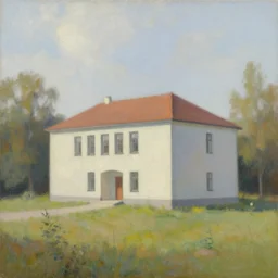 a beautiful painting of a building in a serene landscape by Karol Bąk