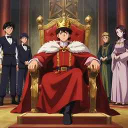 key anime visual portrait of a king's throne room interior, servants, nobles, dynamic pose, cinematic, film grain, designed by yoh yoshinari and ilya kuvshinov, detailed, intricate, at night, dramatic lighting, interior by gustav klimt, costumes by mika pikazo