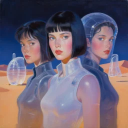 painting of a portrait of a cyberpunk girls at night. ruan jia, weldon casey, ralph mcquarrie. cinematic. smooth gradients, transparent inflatable structures in akakus desert. trending on artstation.
