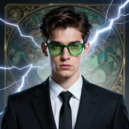 character concept portrait, symmetrical head-on centralized, Young man with green glasses, formal black suit. Detailed, high quality, dynamic lightning, fantasy. Artwork by Artgerm, WLOP, Alex Ross, Greg Rutknowski, Alphonse Mucha