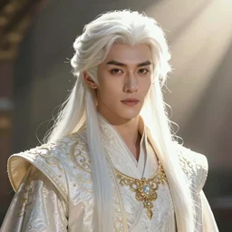 a portrait of a beautiful, handsome prince with white hair, elegant, backlit, incredible lighting, strong rim light, highly detailed, god rays, digital painting, HDRI, by Alvaro Castagnet, Peter Mohrbacher and Dan Mumford, vivid colors, high contrast, 8k resolution, intricate, photorealistic, smooth