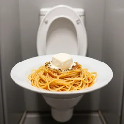 food photography of spaghetti with a urinal cake in a gross public toilet, pinhole photography