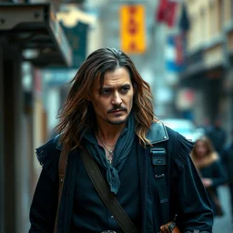 photo of a johnny depp dressed as aragorn walking down a street, various poses, unedited, soft light, sharp focus, 8 k