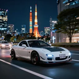 wideshot of a rx7 driving in tokyo at night, highly detailed, 4k, deviantart, artstation