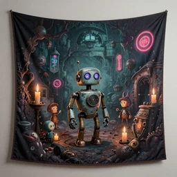 a beautiful tapestry of a dream, a small robot standing, ultra detailed, dark, steampunk, moody, candles, neon signs, characters from machinarium, by don bluth, trending on artstation, octane render