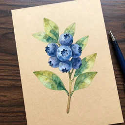 blueberry plant watercolor drawing on kraft paper