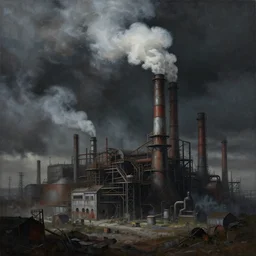 a painting of a factory with smoke pouring out of it, a detailed matte painting by jonas de ro, cgsociety, nuclear art, dystopian art, apocalypse art, apocalypse landscape, dark, moody