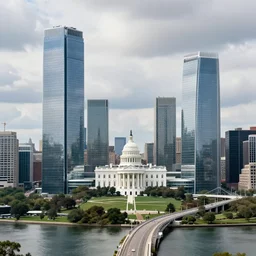 city art of futuristic washington with humongous office skyscrapers and glass buildings, futuristic white house, futuristic capitol, highways through buildings, parks and lakes, cloudy day, view from potomac river, hyperdetailed, artstation, cgsociety, 8 k
